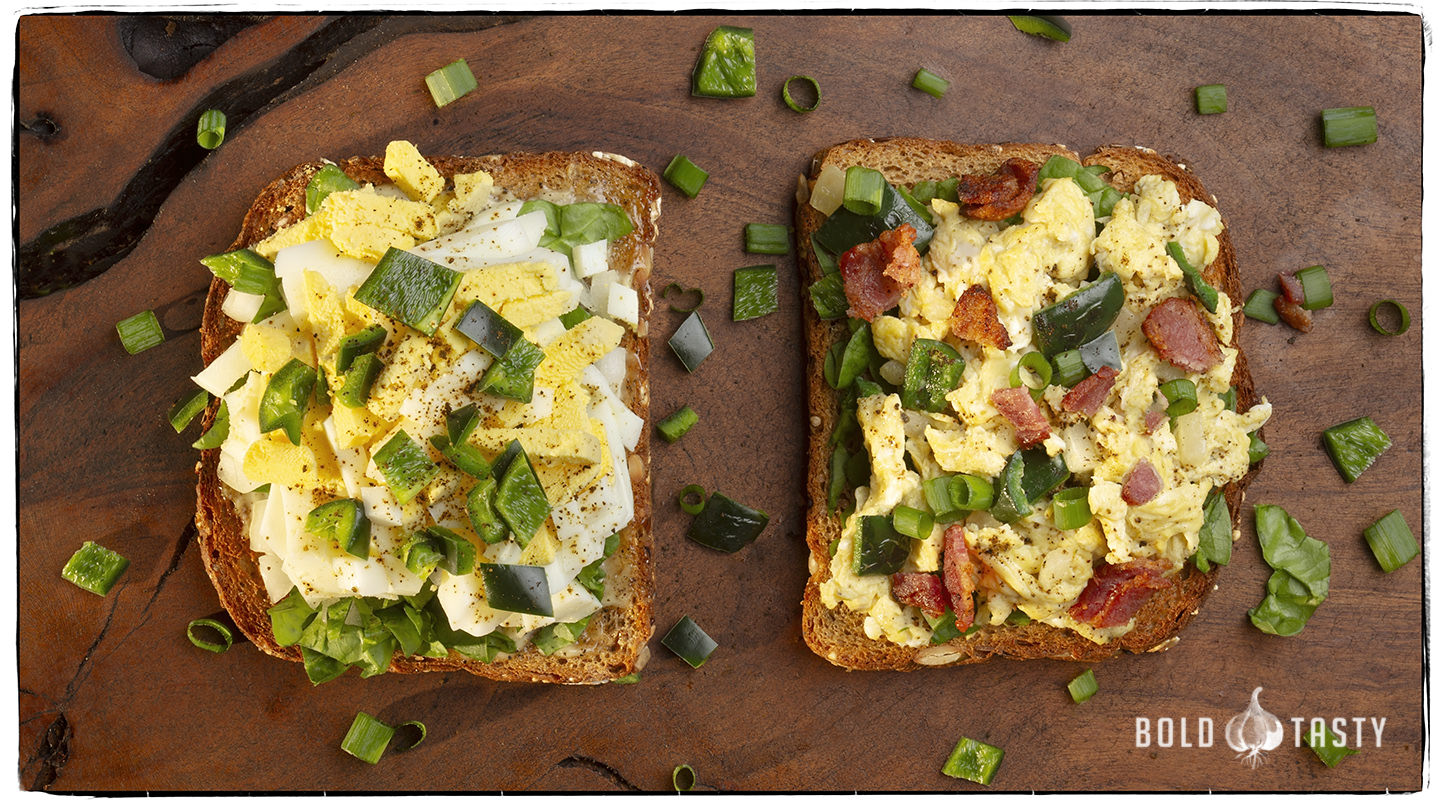 Ancho Mayo Egg Salad with Spinach, Poblano Peppers and Onions