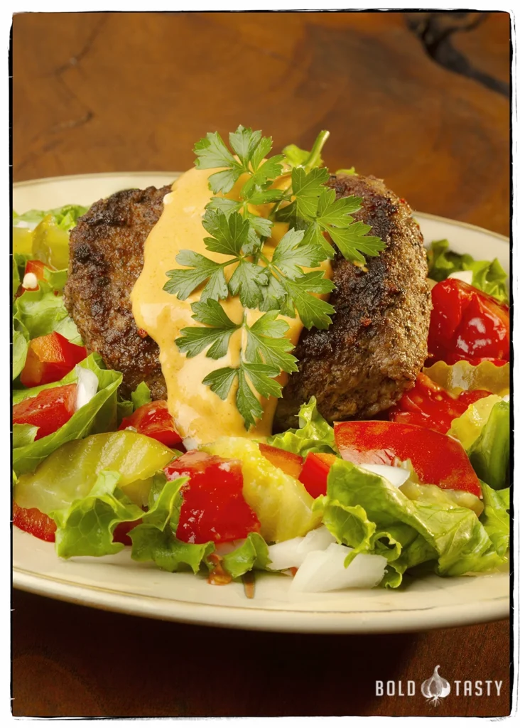 Naked Burger Salad with guilt free dressing.