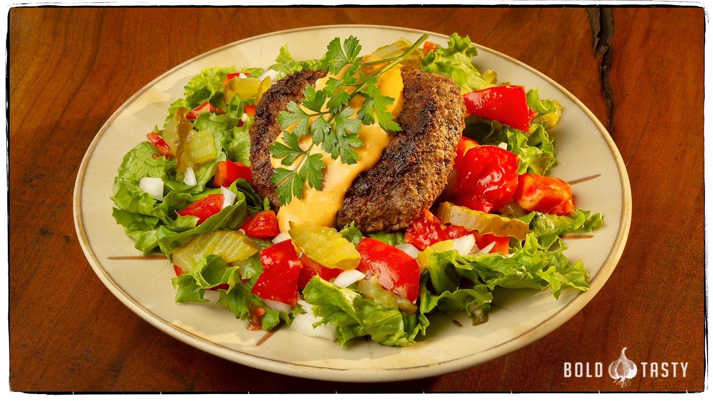 Naked Burger Salad with guilt free dressing.