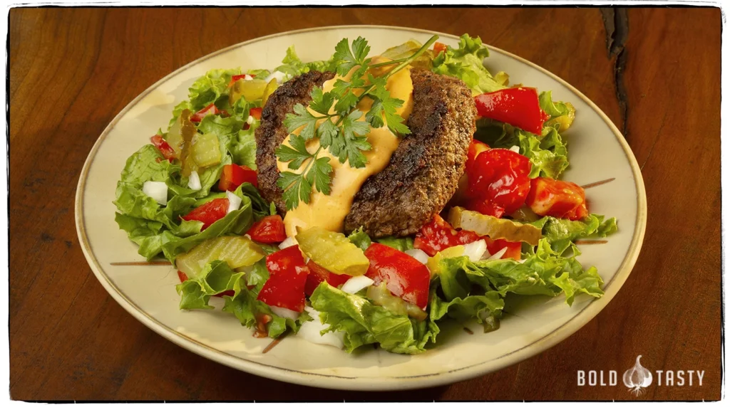 Naked Burger Salad with guilt free dressing.