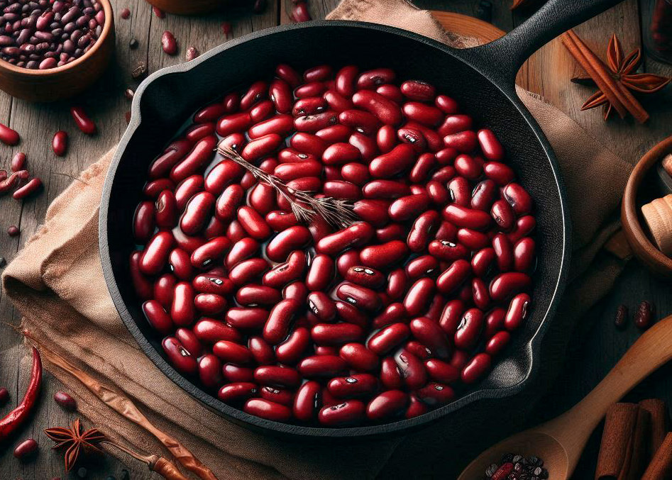 Cast Iron pan with red beans.