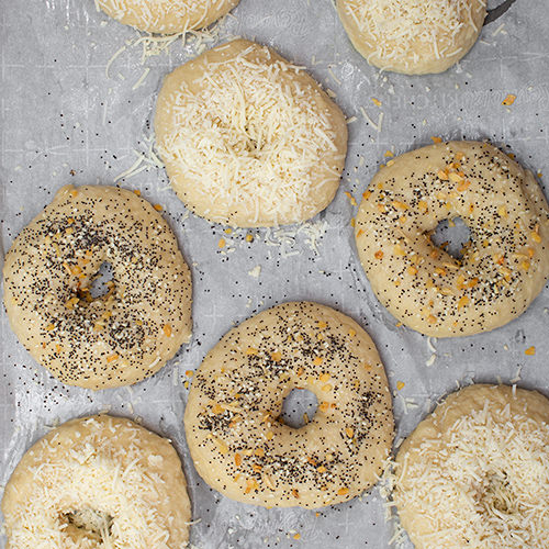 Boiled bagels on parchment paper with everything and asiago toppings.