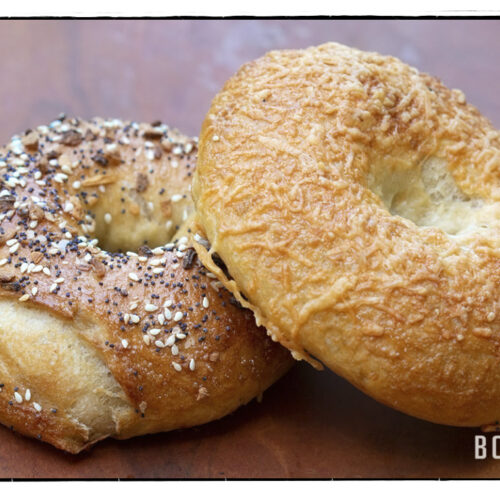 Artisan bagels, to the left is an everything bagel, and to the right is an asiago cheese bagel.