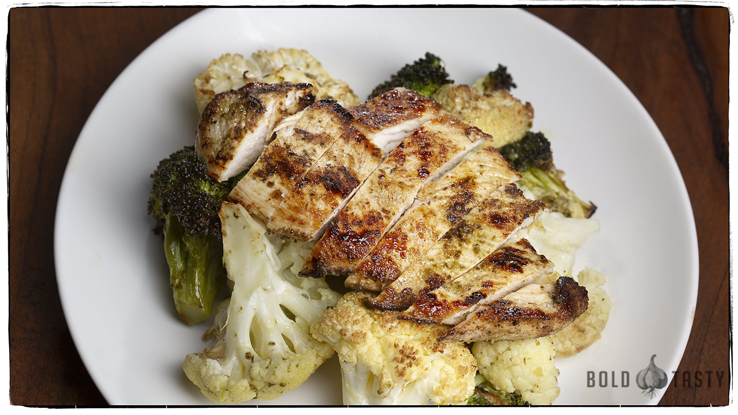 Pesto Chicken with Roasted Broccoli & Cauliflower