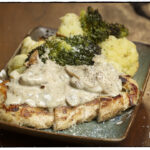 Creamy Pesto Chicken with Roasted Broccoli & Cauliflower