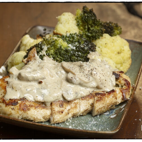 Creamy Pesto Chicken with Roasted Broccoli & Cauliflower