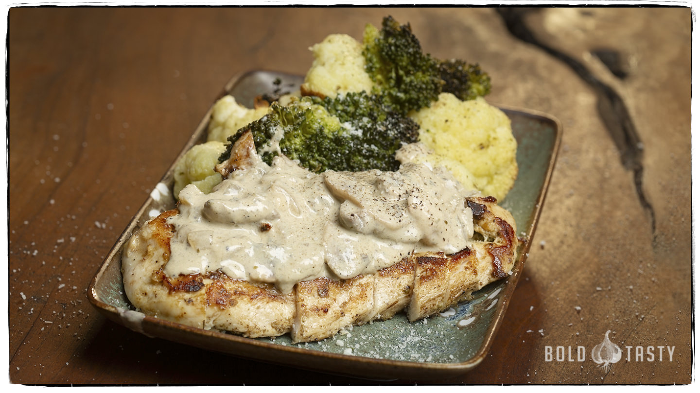 Creamy Pesto Chicken with Roasted Broccoli & Cauliflower